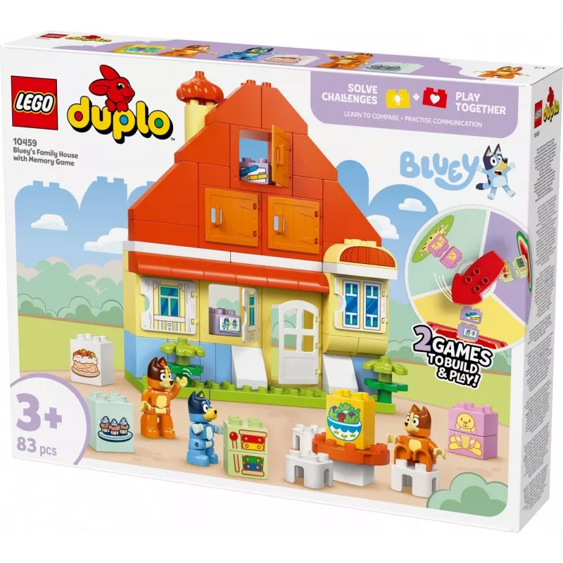 Būvējamā rotaļlieta LEGO Bluey ģimenes māja ar atmiņas spēli 10459 — 83 gabali, 3 minifigūras, vecums 3+