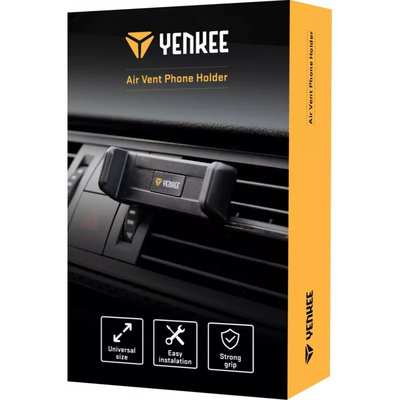 Automašīnas telefona turētājs YENKEE YSM 201BK — ventilācijas stiprinājums, regulējams leņķis, melns, piemērots tālruņiem līdz 6,5 collām, 50–85 mm