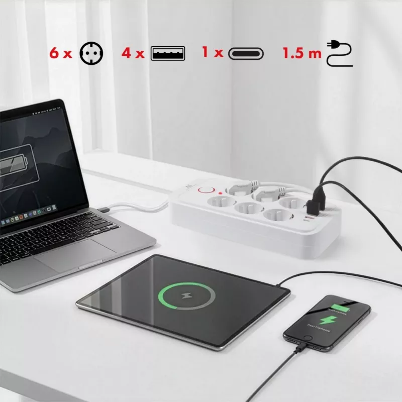 Strāvas sadalītājs MACLEAN MCE389 W — 6 kontaktligzdas, 4×USB-A, 1×USB-C, 2500 W, 110–240 V, 1,5 m kabelis, balts