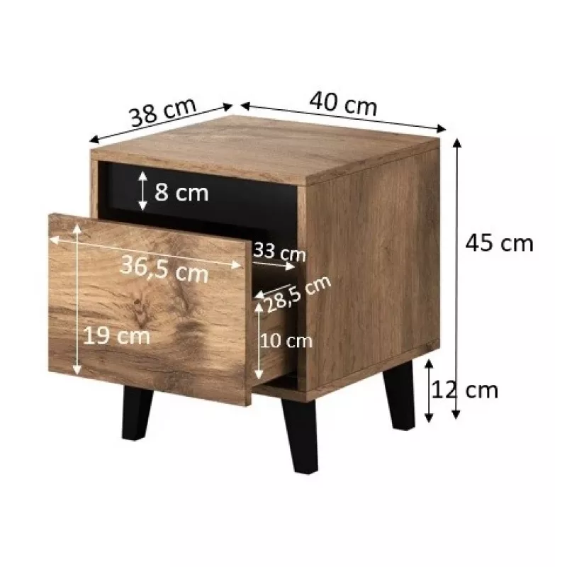 Naktsgaldiņa gultas mēbeles NORD, komplektā 2, 40×38×45 cm, ozola votāns/antracīts, 1 atvilktne, 16 mm rāmis
