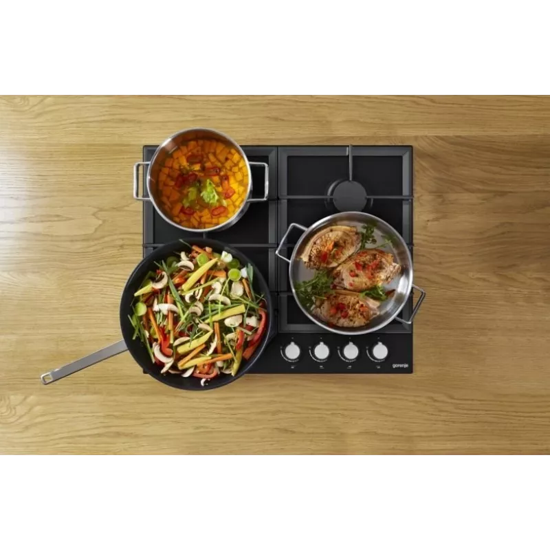 Gāzes plīts virsma Gorenje GT641KB, iebūvējama 60 cm, 4 gāzes zonas, rūdīts stikls, čuguna restes, grozāmie slēdži