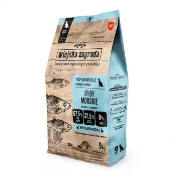 Sausā suņu barība wiejskazagroda Sea Fish Crunchy M 9 kg — pieaugušiem suņiem, zivju garša, 32% olbaltumvielu, 21% tauku