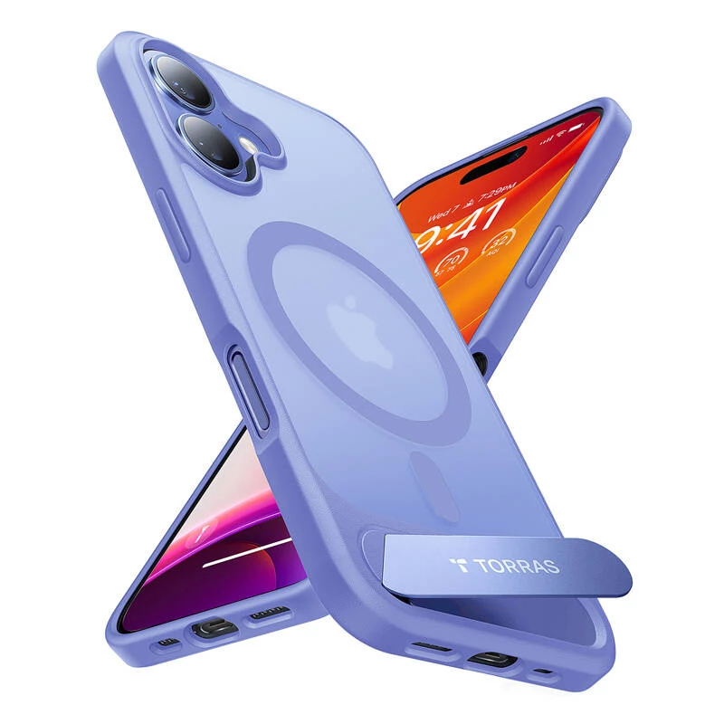 Aizsardzības vāciņš tālrunim Torras Pstand Series iPhone 16 — zils, plāns ar integrētu statīvu