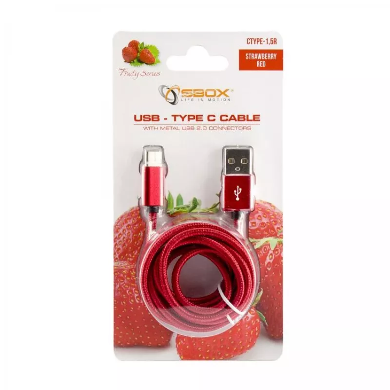 Sbox USB->Type-C M/M 1.5m CTYPE-1.5R Zemeņu sarkans