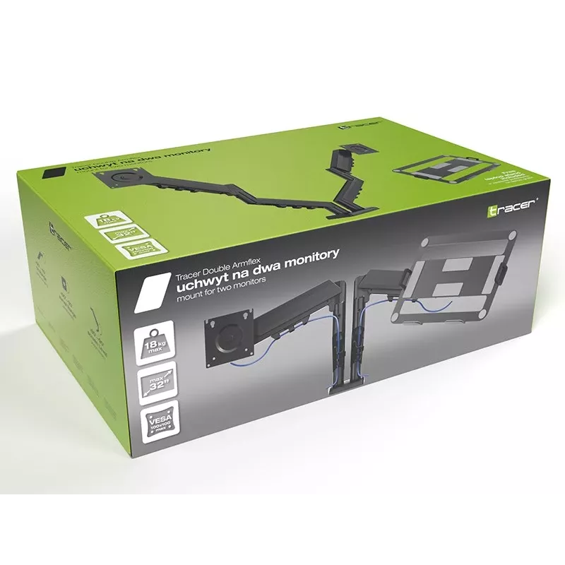 Galda dubultrokas monitora stiprinājums TRACER TRAUCH47660 — regulējamas metāla rokas, maks. 18 kg, VESA līdz 100×100, 13 collu–32 collu ekrāniem