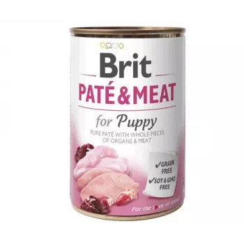 Mitrā suņu barība Brit Paté & Meat Puppy Chicken 400 g — mitrā pastēte junioriem, bez graudaugiem, 75% mitrums, 11,5% olbaltumvielas