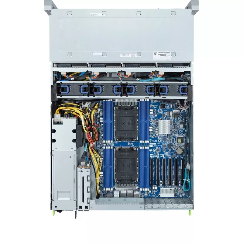 4U statīvu serveris GIGABYTE S453-S70-AAV1 — divu ligzdu LGA4677, DDR5, 16 DIMM, 38× 2,5 collu/M.2, 1600 W lieka barošanas bloka (80 PLUS Titanium)