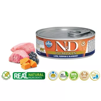 Mitrā kaķu barība Farmina N&D Pumpkin Jērs ar mellenēm paciņa 70 g — bez graudiem recepte pieaugušiem kaķiem