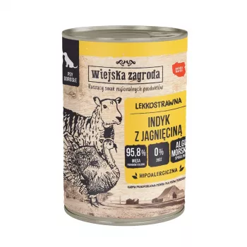 Mitrā suņu barība wiejskazagroda Turcija ar jēru 400 g, bez graudaugiem, bez lipekļa, pilnvērtīga barība