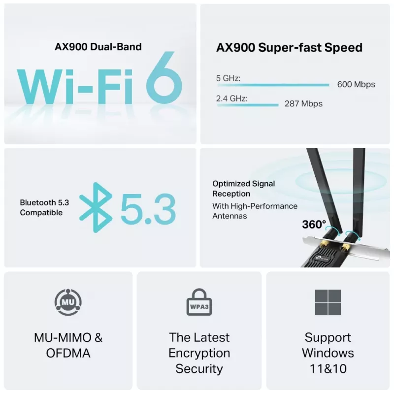 Wi-Fi 6 Bluetooth PCIe adapteris TP‑LINK Archer TX10E AX900 — PCIe karte, AX900 Wi‑Fi 6, Bluetooth