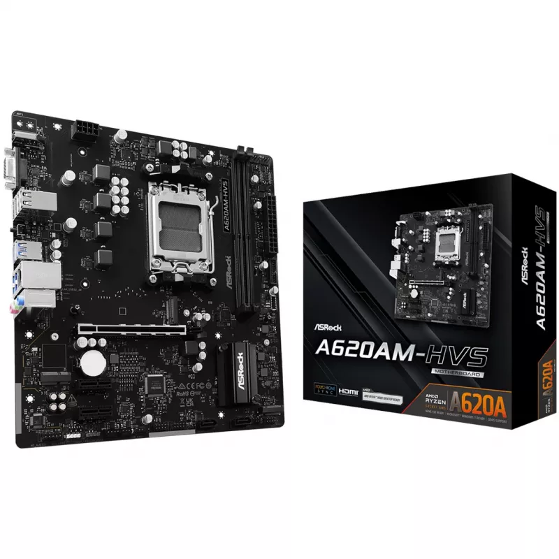 Mātesplate ASRock A620AM-HVS Micro ATX — AMD A620A mikroshēmojums, Socket AM5, DDR5, 2 DIMM, līdz 128 GB, HDMI 2.1, M.2 2280