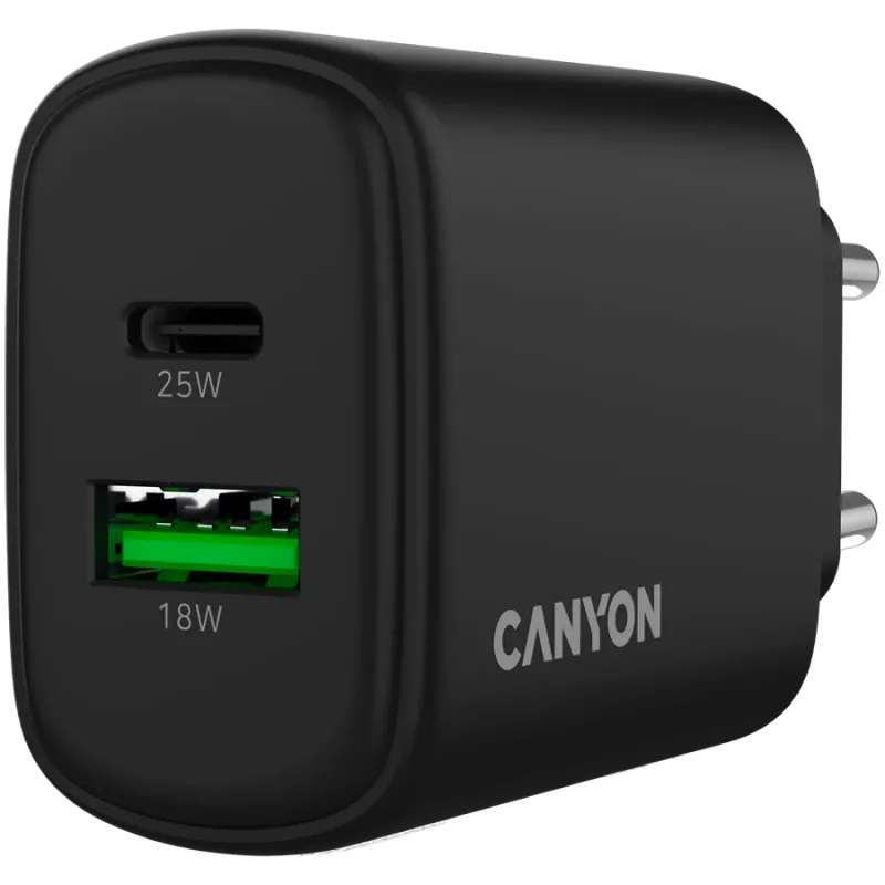 CANYON lādētājs OnCharge 250 25W 1xPD 1xQC EU Melns
