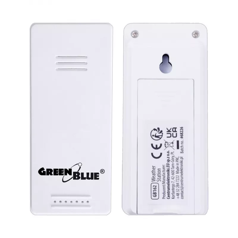 GreenBlue bezvadu laikapstākļu stacija, IEKŠĀ/ĀRĀ temperatūra, pulkstenis, °C/°F izvēle, darbības rādiuss līdz 60 m, GB162