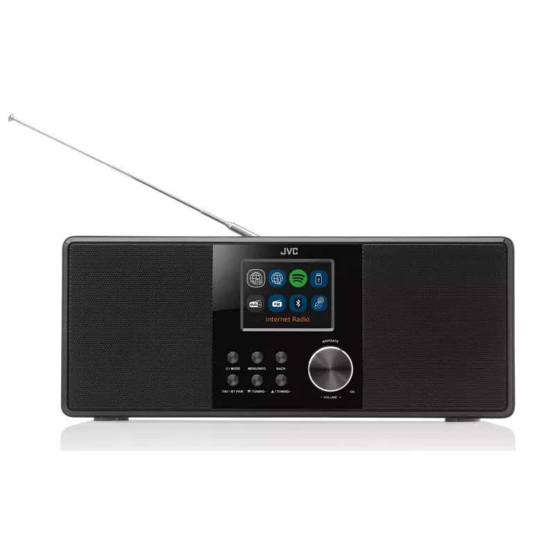 Interneta radio JVC RA-E981B — straumēšana, izmantojot Wi‑Fi un Bluetooth, DAB+, FM, 2x5W, 40 atmiņas vietas, USB, AUX, LCD displejs