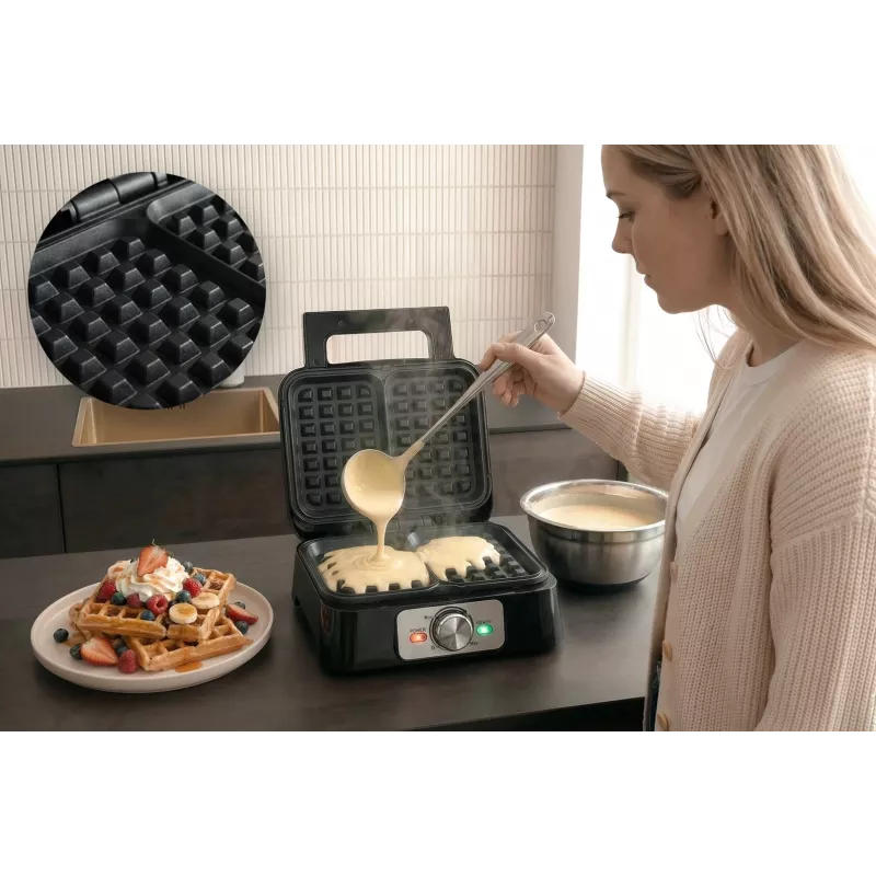 Vafeļu cepējs PROMIS WAP1600 — 2 porciju taisnstūra plātnes, 1200 W, nepiedegošas, termostats, aukstnesis rokturis, LED indikatori