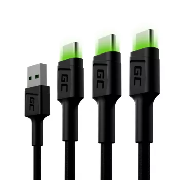USB-C kabelis zaļa Cell KABGCSET02 1,2 m (USB A uz USB C, 2,4 A, 480 Mbps) 3-gab. komplekts ar LED fona apgaismojumu