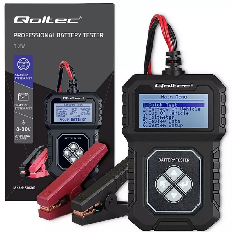 Qoltec Digitālais akumulatora testeris ar LCD | Poļu izvēlne | 12V | AGM | GEL | STD | 30-220AH