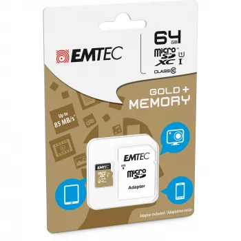 EMTEC Gold+ - Zibatmiņas karte (iekļauts SD adapteris) - 64GB - Class 10 - microSD - Gold (ECMSDM64GXC10GP)
