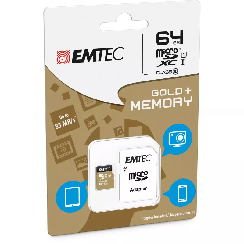 EMTEC Gold+ - Zibatmiņas karte (iekļauts SD adapteris) - 64GB - Class 10 - microSD - Gold (ECMSDM64GXC10GP)