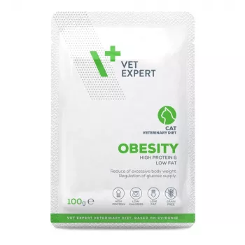 Mitrā kaķu barība VETEXPERT Obesity Chicken 100 g — veterinārā diēta pieaugušiem kaķiem ar lieko svaru, vienas porcijas paciņa