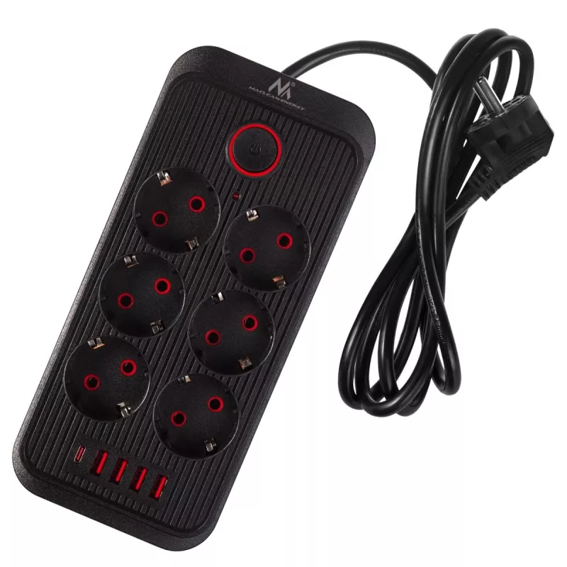 Strāvas sadalītājs MACLEAN MCE389 B — 6 rozetes, 4×USB-A + 1×USB-C, 110–240V, 2.1A, 2500W, 1,5 m kabelis, melns