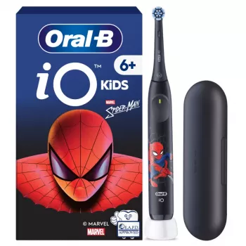 Elektriskā zobu birste BRAUN Oral‑B iO Kids Marvel Spiderman — uzlādējama, 3 režīmi, 2 minūšu mūzikas taimeris, ceļojuma futrālis, 1 birstes galviņa, litija jonu akumulators