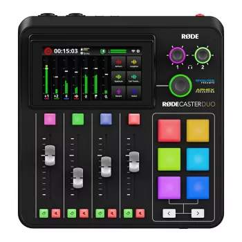 Studijas kontrolieris RØDE Caster Duo Melns — 2 kombi XLR/TRS, 2 TRS līnijas izejas, 48 kHz, 24 bitu, skārienjutīgais ekrāns, Wi‑Fi, Bluetooth