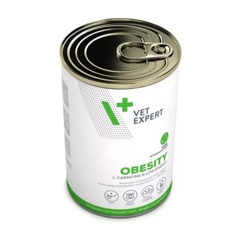 Mitrā suņu barība VETEXPERT Veterinary Diet Obesity suņiem 400 g bundža — mājputnu gaļa, pieaugušiem, ar zemu tauku saturu, augstu mitruma līmeni