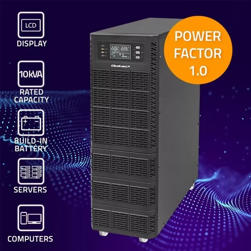 Qoltec 52284 Nepārtrauktās barošanas avots UPS | 10kVA | 10000W | Jaudas koeficients 1.0 | LCD | EPO | USB | On-line