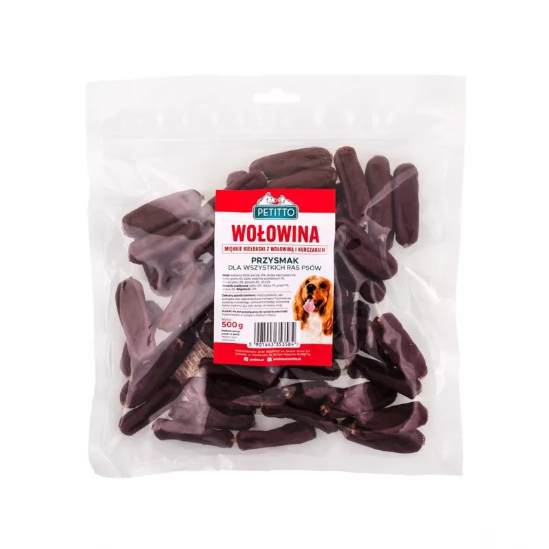 Suņu gardumi PETITTO Mīkstās liellopu gaļas desiņas 500 g — mīkstie treniņu našķi, 33% olbaltumvielu, 4% tauku, bez lipekļa un bez cukura