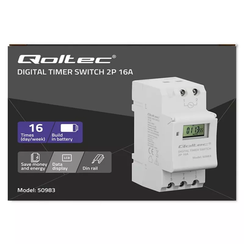 DIN-sliedes elektroniskais taimera slēdzis QOLTEC 50983, darbināms ar baterijām, automatizācijas shēmām