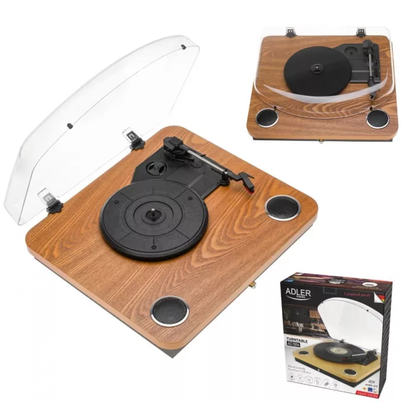 Analogais siksnas piedziņas vinila plašu atskaņotājs Adler AD 1914 ar USB pieslēgvietu, keramisko disku, līdzstrāvas motoru, 33 1/3 apgr./min, Bluetooth 5.4, RCA izejām, iebūvētiem skaļruņiem