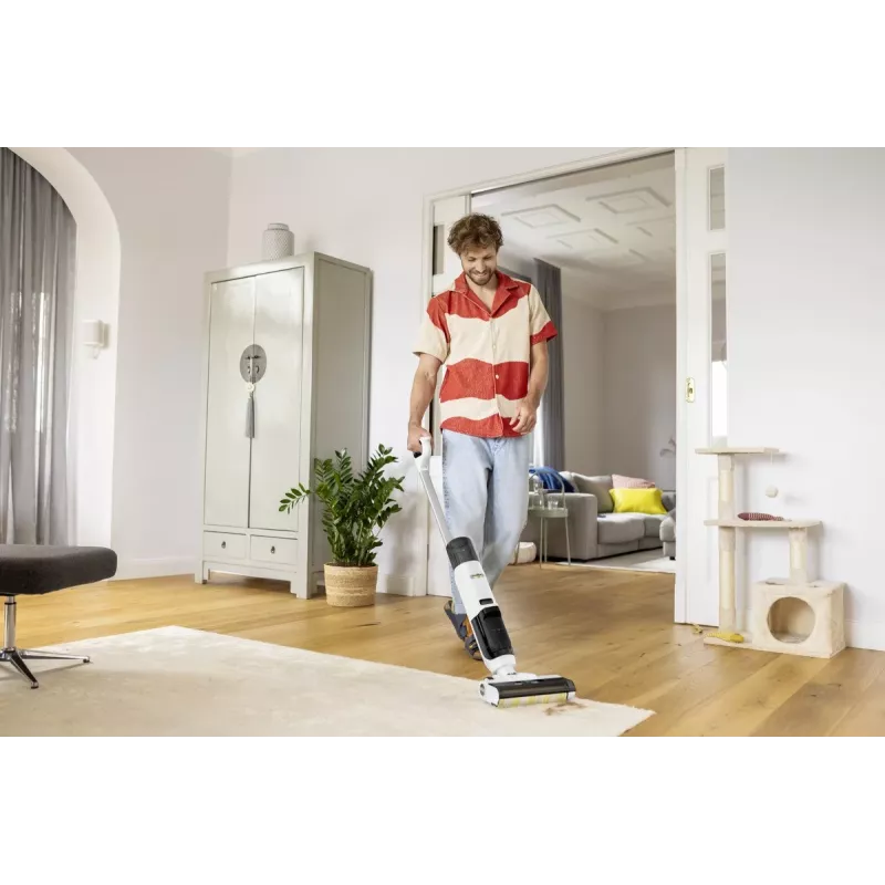 Grīdas mazgāšanas putekļsūcējs Karcher FCV2 Natural N 1.056-101.0 — akumulators 21,6 V, darbības laiks 25 min, 160 W, sausā un slapjā tīrīšana, bez maisiņa, LED displejs