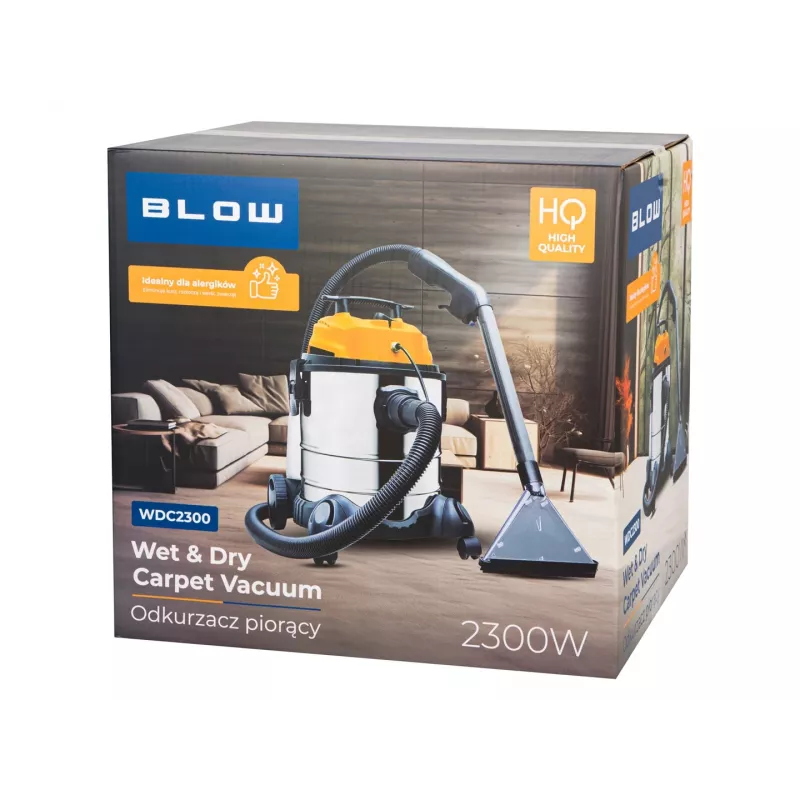 Ride-on mazgājamais putekļsūcējs BLOW WDC2300 — netīrais ūdens 25 L, tīrais ūdens 4.5 L, 1.5 m šļūtene, 6 m vads, 7.35 kg