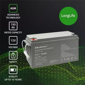 Qoltec 53068 AGM akumulators | 12V | 150Ah | maks. 2250A