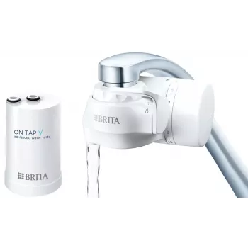BRITA ON TAP V CU CE2 (1052067) krāna ūdens filtrs — 4 pakāpju, 600 L ietilpība, 3 režīmi, 5 adapteri, balts