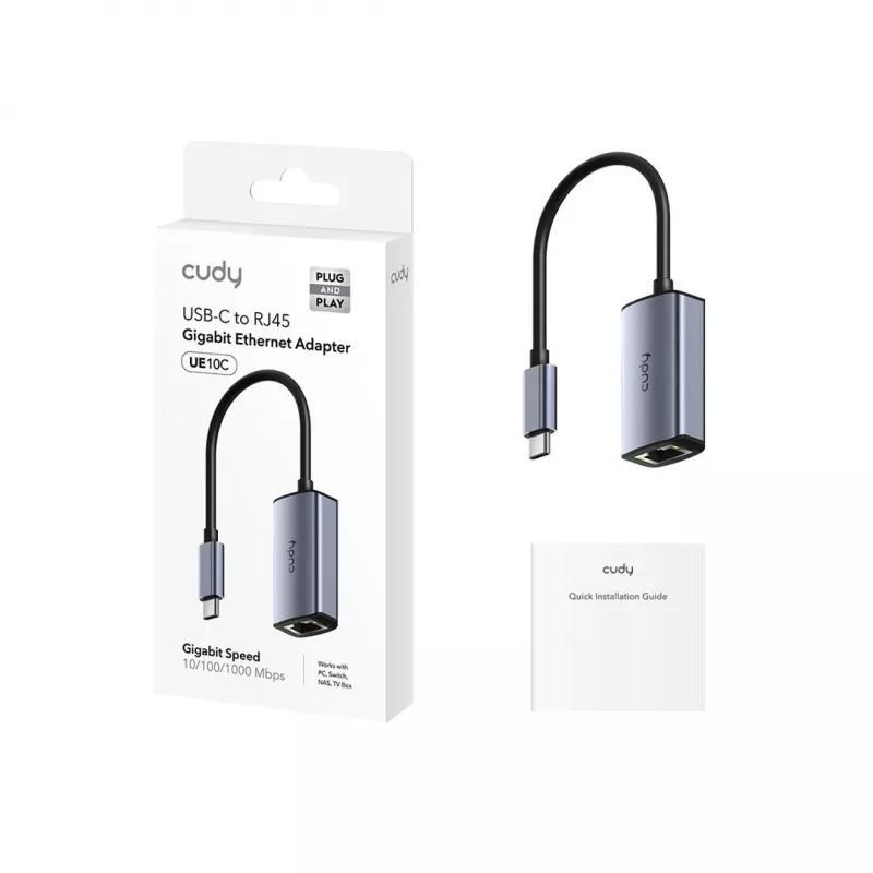 USB-C uz Gigabit Ethernet adapteris Cudy UE10C, USB Type-C vīr. uz RJ-45 siev., 10/100/1000 Mb/s, alumīnija korpuss