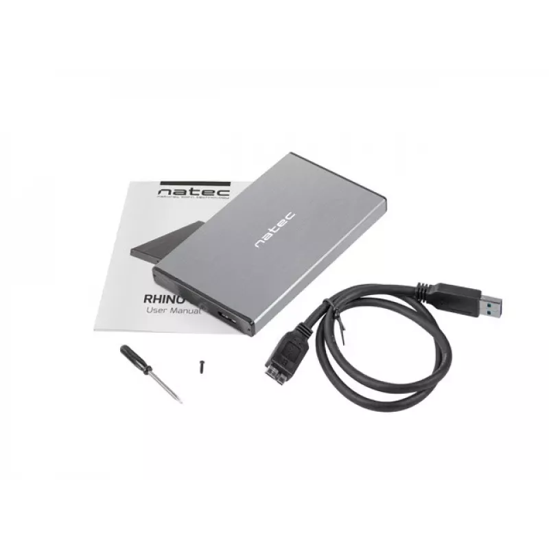 Ārējais HDD/SSD korpuss NATEC Rhino GO — 2,5 collu SATA, 9,5 mm, USB 3.0, alumīnijs, pelēks, līdz 4 TB