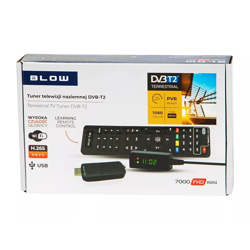 DVB-T2 uztvērējs BLOW 7000FHD MINI H.265 — kompakts virszemes TV uztvērējs, HDMI, USB, S/PDIF, audio L/R, teleteksts