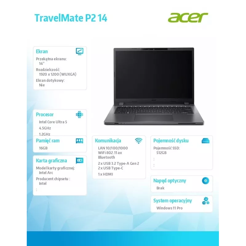 Acer TravelMate P2 TMP214-75-G3-TCO 14 collu WUXGA IPS klēpjdators, Intel Core Ultra 5 125H, 16 GB RAM, 512 GB SSD, pirkstu nospiedumu lasītājs, SmartCard, Windows 11 Pro, 3 gadi serviss uz vietas NBD
