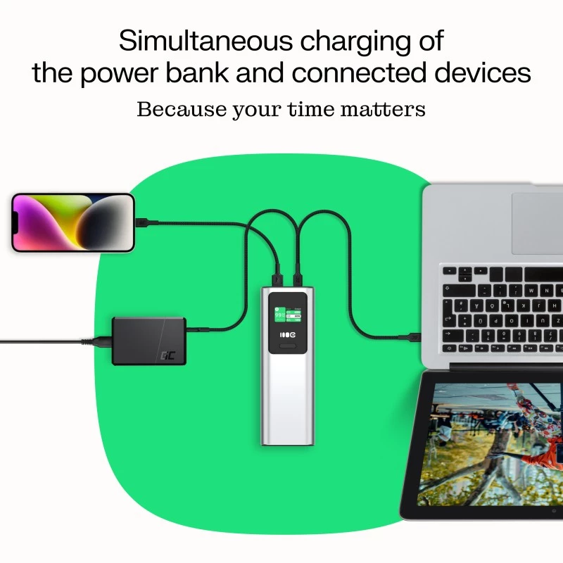 Portatīvais akumulators Green Cell PBGC25UD, 25200 mAh, Li‑Ion, 140 W kopējā jauda, 2× USB‑C + 1× USB‑A, OLED displejs, alumīnija korpuss