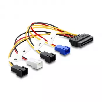 Barošanas kabelis DELOCK SATA 15-pin uz 4×2-pin ventilatoram (12V / 7V / 5V), 20 cm