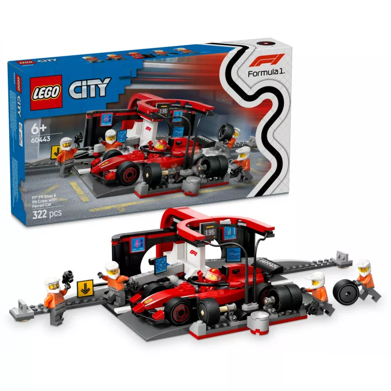 LEGO City F1 boksu pieturas komplekts 60443 — Ferrari F1 auto, 322 detaļas, 5 minifigūras, vecums 6+