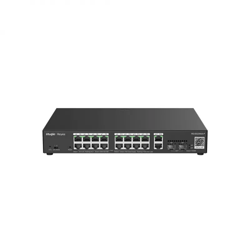 Pārvaldāms L2 Gigabit PoE slēdzis Ruijie RG-ES220GS-P — 18× Gigabit (10/100/1000), IEEE 802.3af/at, 40 Gbit/s, melns