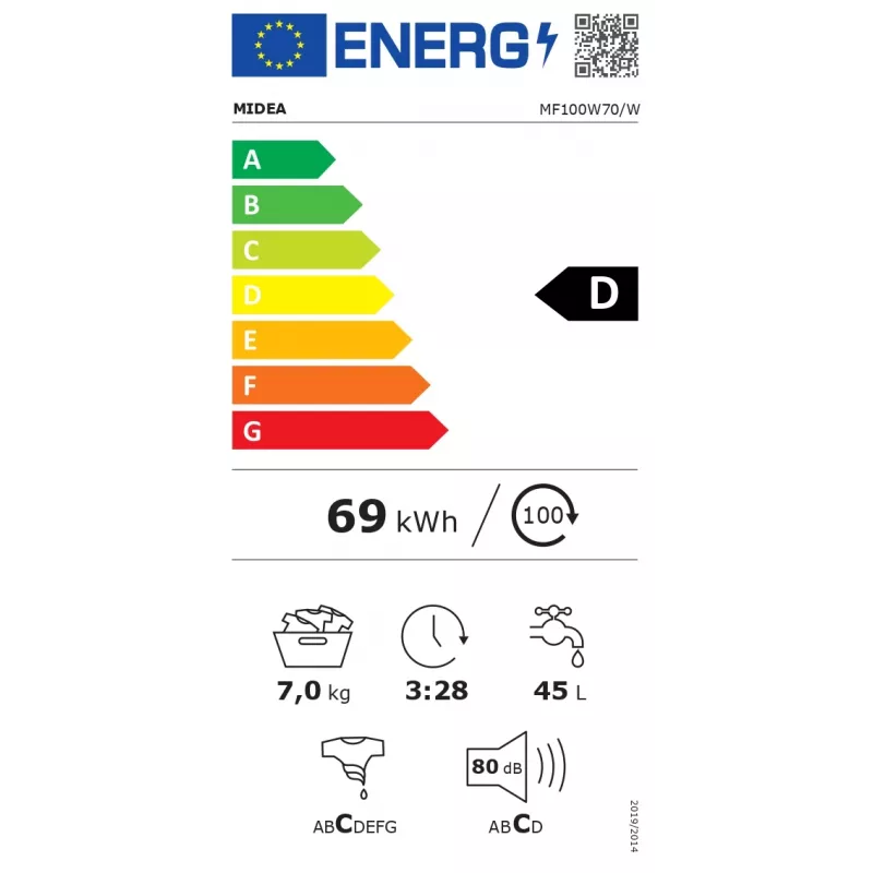 Priekšējās ielādes veļas mašīna Midea MF100W70/W — 7 kg, 1200 RPM, energoefektivitātes klase D, 60 cm platums