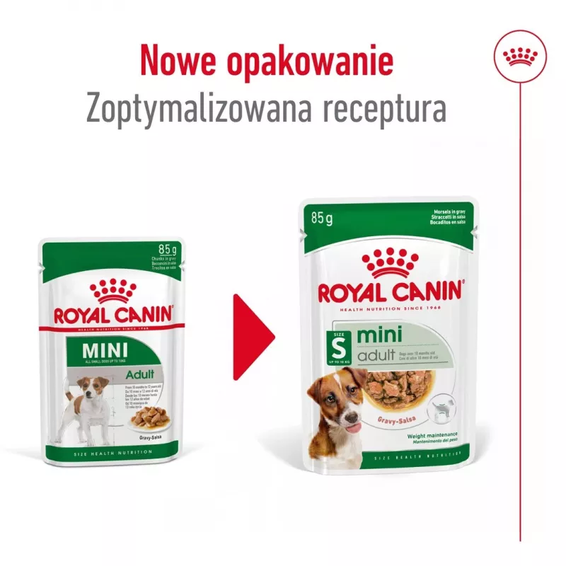 Mitrā suņu barība Royal Canin Mini Adult paciņa 85 g, putnu gaļa, mazām šķirnēm 5–10 kg, 12 × 85 g iepakojums