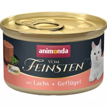 Mitrā kaķu barība animonda Vom Feinsten lasis un mājputni bez graudiem 85 g kārba, pieaugušiem kaķiem, bez lipekļa, bez sojas
