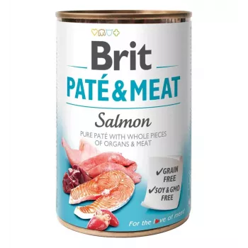 Mitrā suņu barība Brit Paté & Meat ar lasi 400 g — pilnvērtīga konservēta maltīte pieaugušiem suņiem, 75% mitruma, 11% olbaltumvielu, 9% tauku