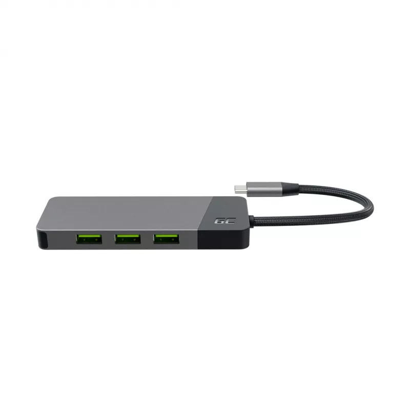 USB Type‑C centrmezgls zaļa Cell HUBGC01 — 7 pieslēgvietas: 3×USB‑A 3.2 Gen 1, 1×USB‑C 3.2 Gen 1, HDMI, microSD+SD karšu lasītājs — sudrabains