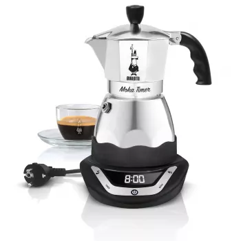 Elektriskais moka katliņš BIALETTI 3 tasītēm Moka Timer, programmējams LED displejs, alumīnija korpuss, kannas rezervuārs